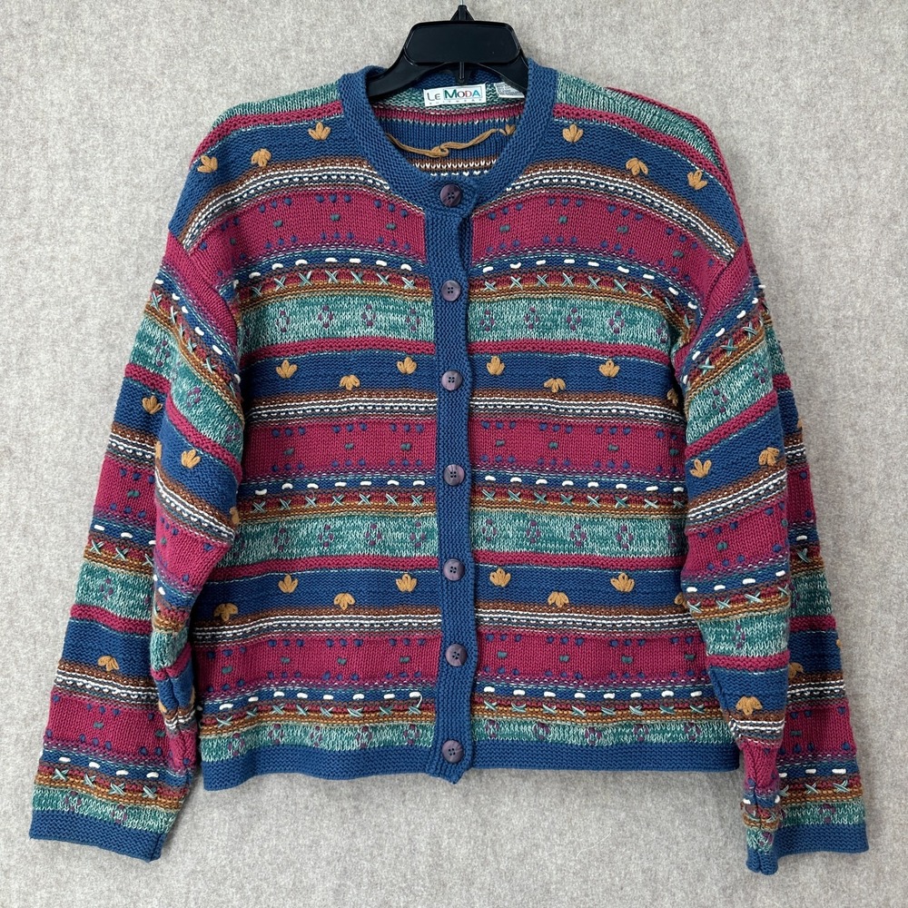 Le Moda Knitwear Cardigan Button‎ Up Sweater 3D Knit Cottagecore LARGE